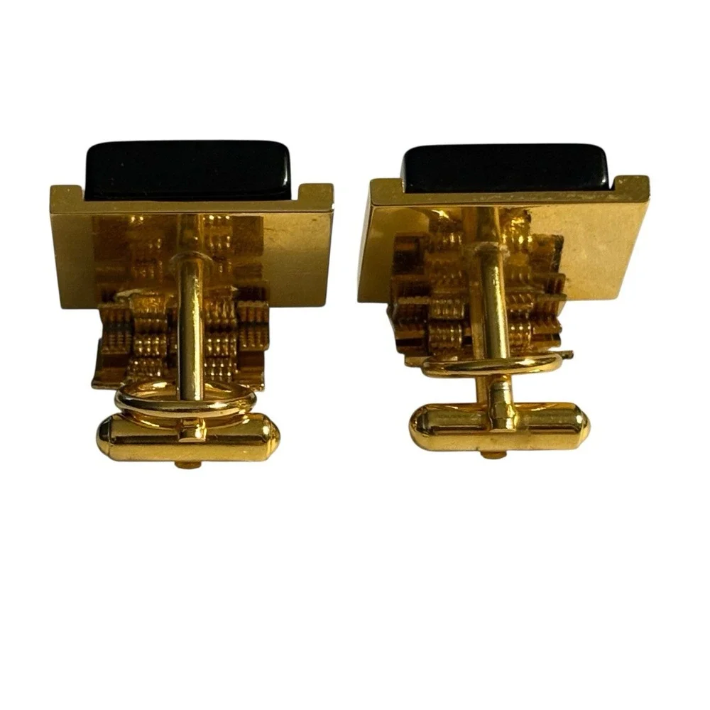 Vintage Cufflinks Black Lucite Wrap Around Gold‎ Tone Watch Band Style Chain